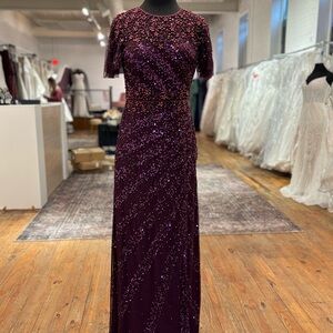 Adrianna Papell Plum Sequin Long Sleeve Gown